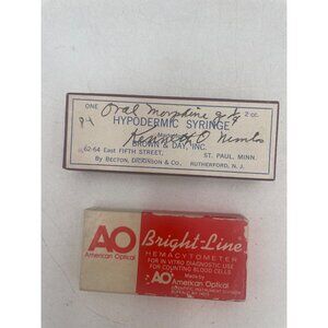Vintage AO Bright-Line Hemacytometer In Original Box & Hypodermic Syringe By Bec